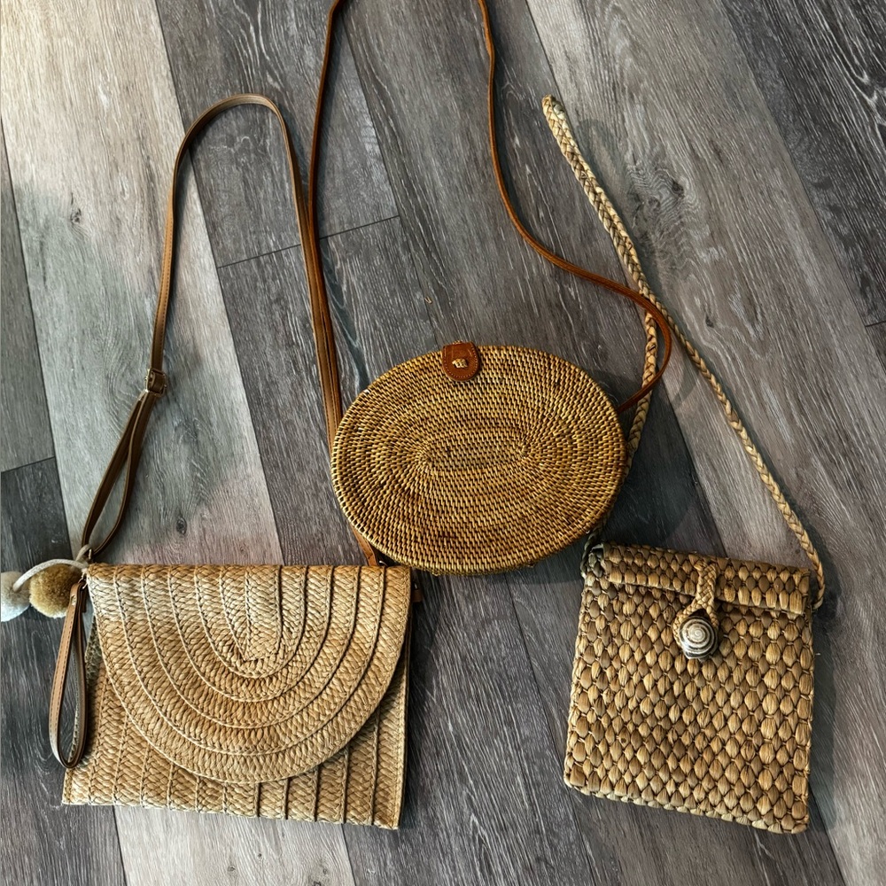 Set of 3 Woven Straw Crossbody Bags - Natural Brown
